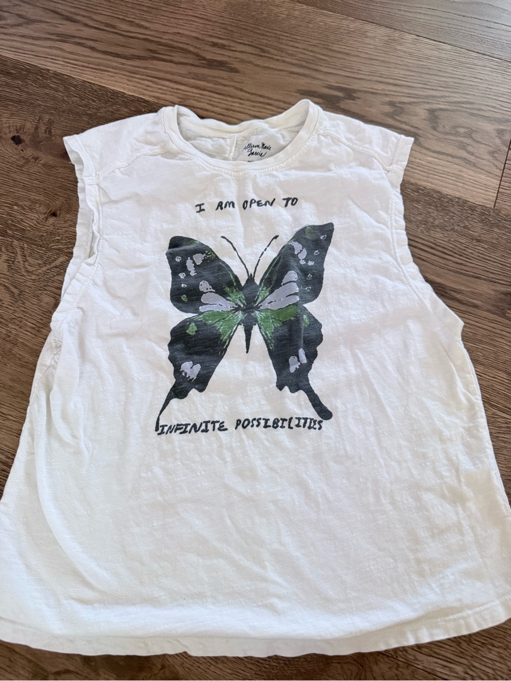 Pilcro White Tank Top with Black and Green Butterfly Graphic